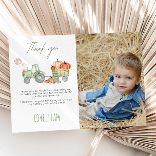 Tractor & Pumpkin Birthday Thank You Photo Card (Creator Uploaded)