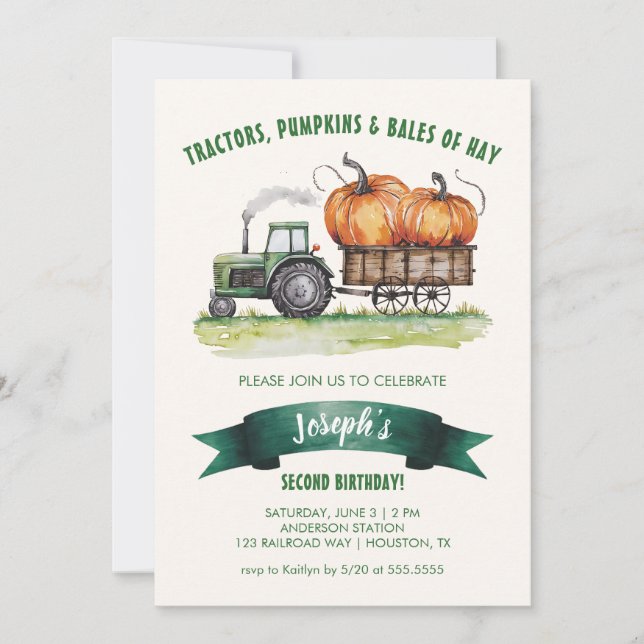 Tractor Pumpkin Fall Autumn Birthday Invitation (Front)