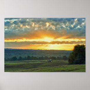 Tractor With a Hay Bale, Texas Ranch Sunrise Poster