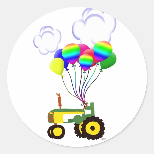 Tractor with Balloons Classic Round Sticker (Front)