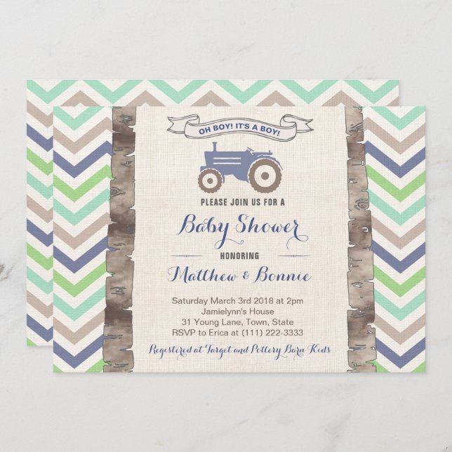 Tractor with Chevrons Baby Shower for Boy Invitation (Front/Back)