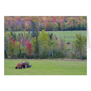 Tractor with hay bale in green field with