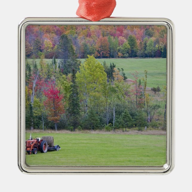 Tractor with hay bale in green field with metal ornament (Front)