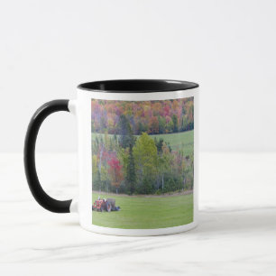 Tractor with hay bale in green field with mug