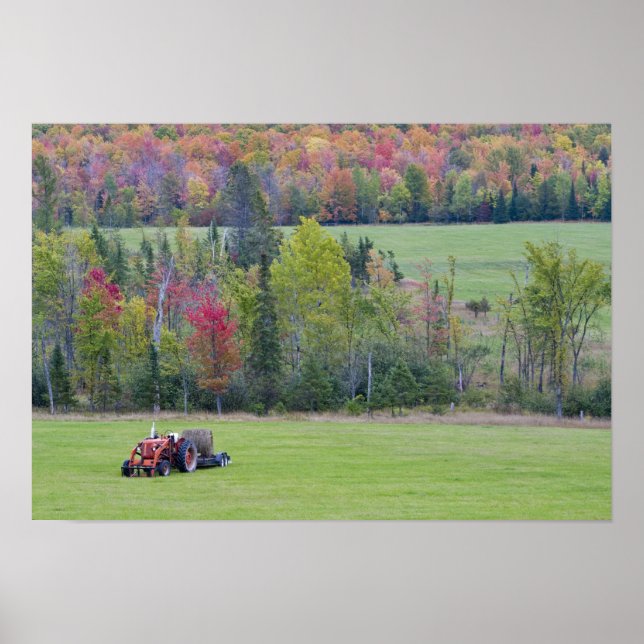 Tractor with hay bale in green field with poster (Front)