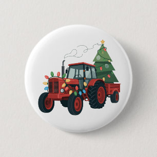 Tractor with Trailer Santa Farm Farmer Christmas 6 Cm Round Badge