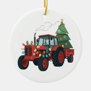 Tractor with Trailer Santa Farm Farmer Christmas Ceramic Ornament