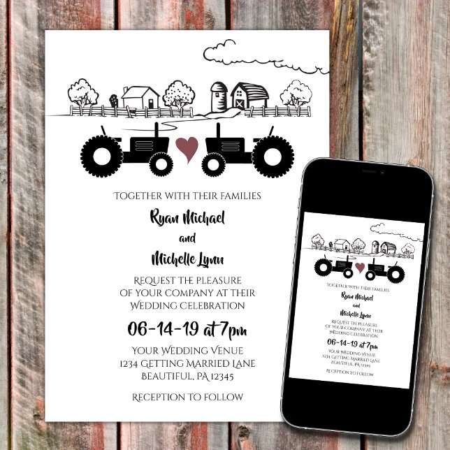 Tractors in LOVE Black and White Farm Wedding Invitation (Creator Uploaded)