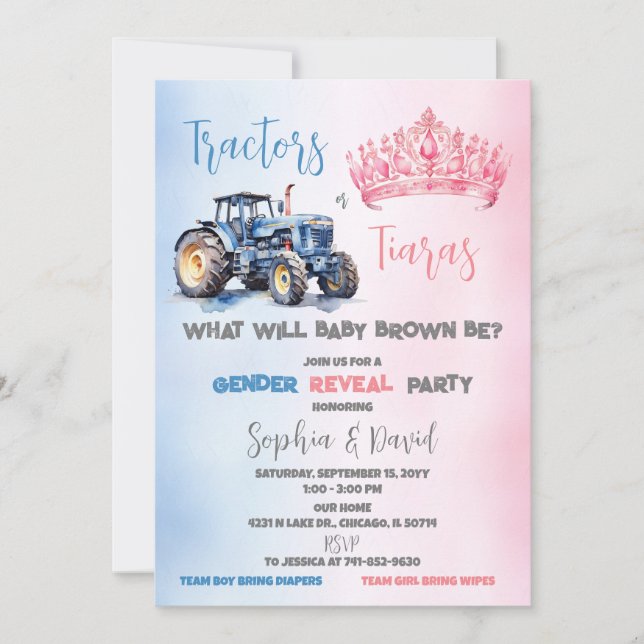 Tractors or Tiaras Gender Reveal Party Invitation (Front)