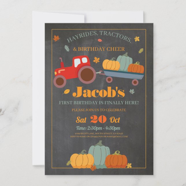 Tractors Pumpkins Birthday 1st One Fall Chalk Invitation (Front)