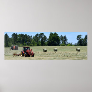 Tractors rolling bales of hay poster