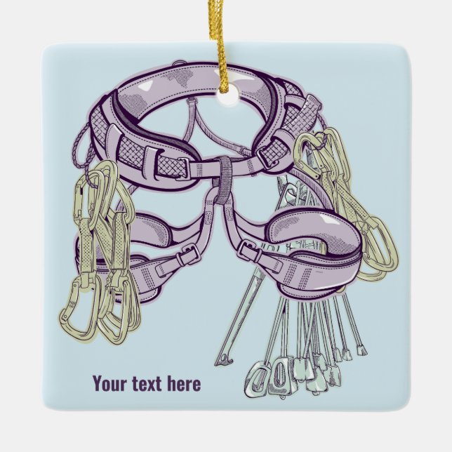 Trad climbing harness and equipment ceramic ornament (Front)