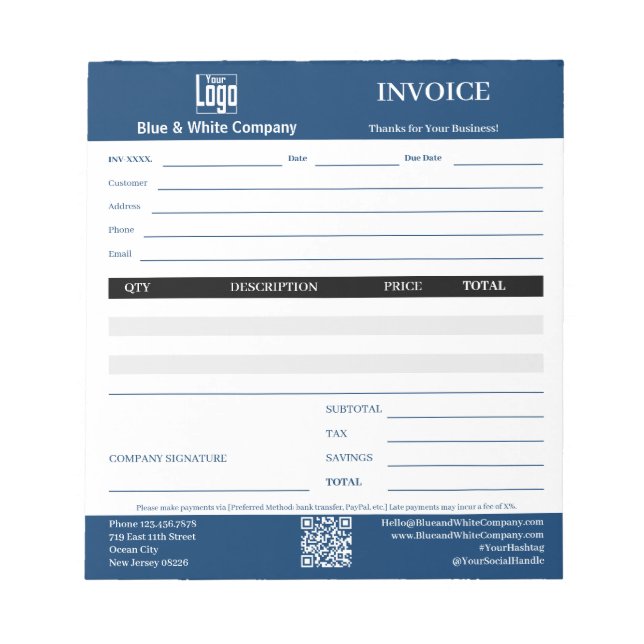 Trade Service Professional Blue Invoice Pad (Front)
