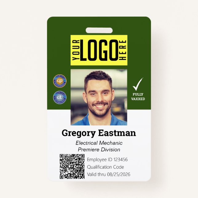 Tradesman Vaccine QR Code Photo ID Green Badge ID Badge (Front)