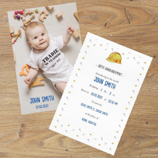 Tradie Baby Birth Announcement Certificate Card
