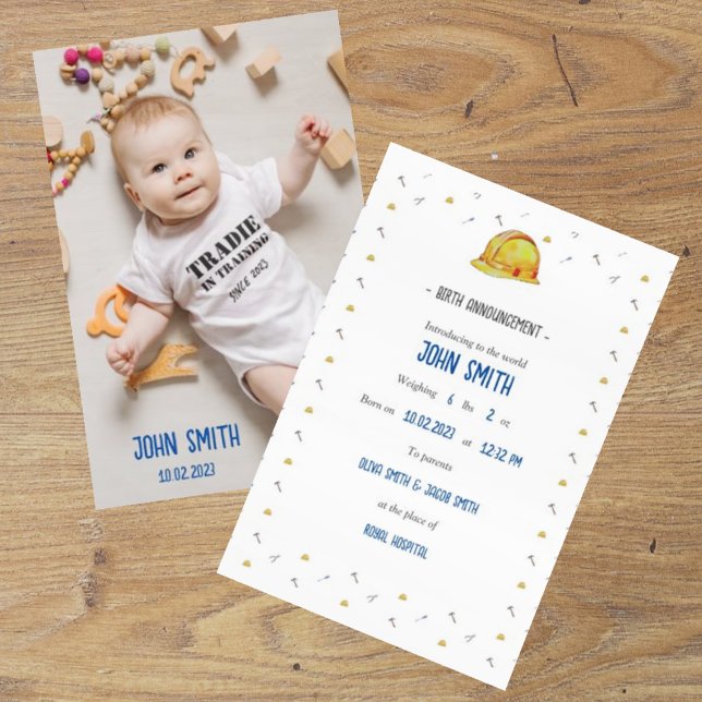 Tradie Baby Birth Announcement Certificate Card  (Creator Uploaded)