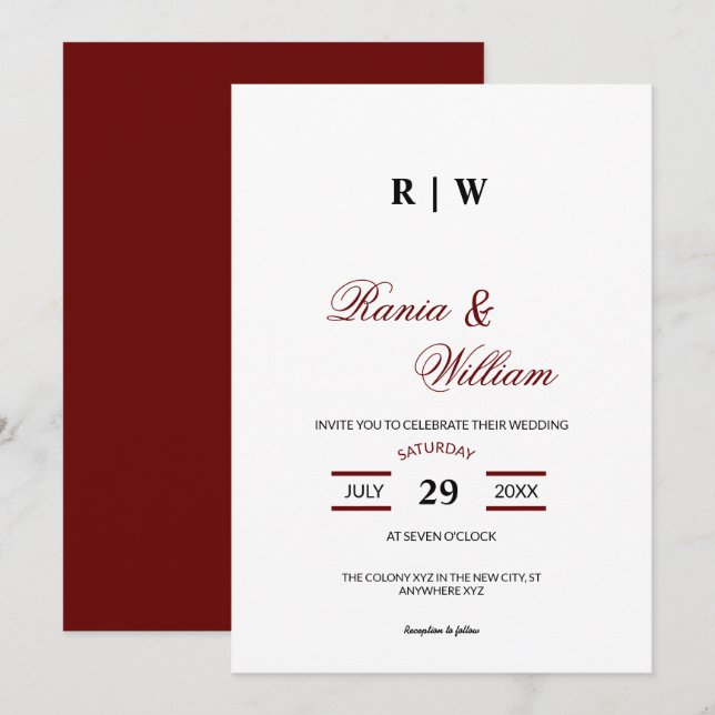 Tradional Calligraphic Text in Burgundy Red Invita Invitation (Front/Back)