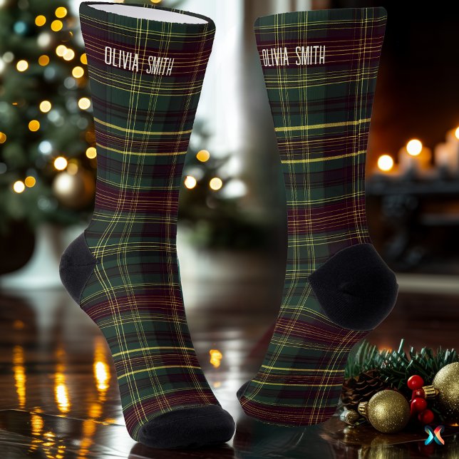 Tradition Green & Burgundy Christmas Plaid Custom Socks (Creator Uploaded)