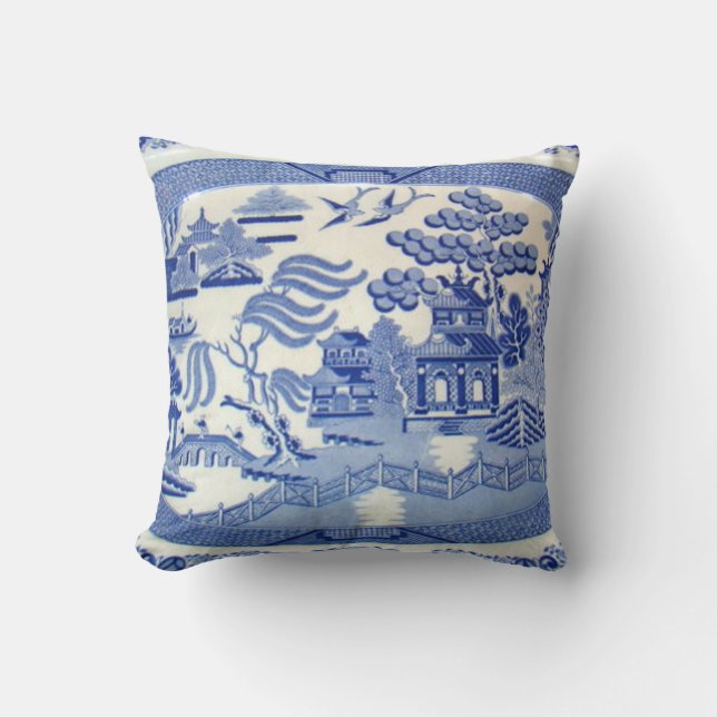 Traditional 19th Century Blue Willow China Pillow (Front)