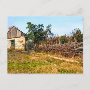 Traditional agricultural building and wattle fence postcard