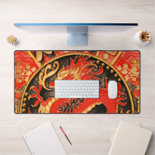 Traditional Ancient Chinese Dragon Red Gold Golden Desk Mat