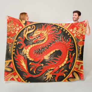 Traditional Ancient Chinese Dragon Red Gold Golden Fleece Blanket