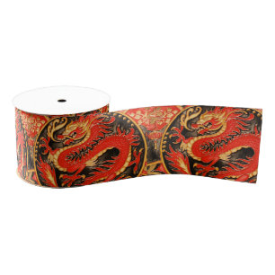 Traditional Ancient Chinese Dragon Red Gold Golden Grosgrain Ribbon