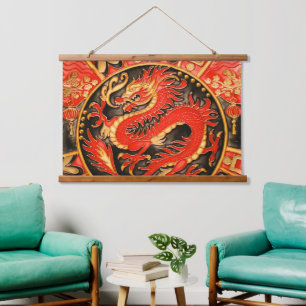 Traditional Ancient Chinese Dragon Red Gold Golden Hanging Tapestry