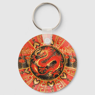 Traditional Ancient Chinese Dragon Red Gold Golden Key Ring
