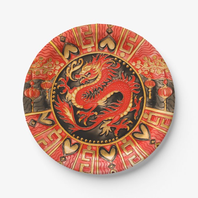 Traditional Ancient Chinese Dragon Red Gold Golden Paper Plate (Front)