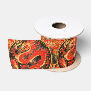 Traditional Ancient Chinese Dragon Red Gold Golden Satin Ribbon