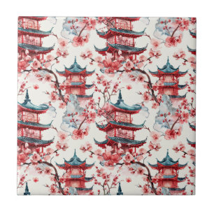 Traditional Asian Architecture with Botanicals Ceramic Tile
