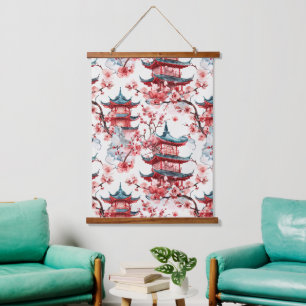 Traditional Asian Architecture with Botanicals Hanging Tapestry