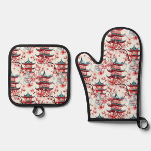 Traditional Asian Architecture with Botanicals Oven Mitt & Pot Holder Set