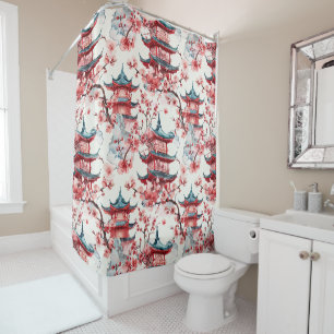 Traditional Asian Architecture with Botanicals Shower Curtain