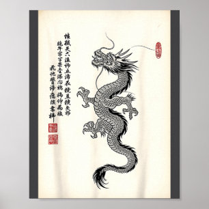 Traditional Asian Dragon Drawing Ink Style Chinese Poster