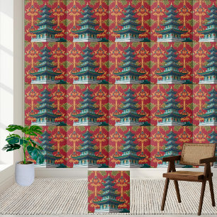 Traditional Asian Pagoda Decorative Tile