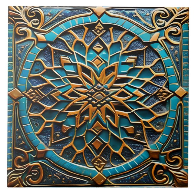 Traditional Azure and Orange ceramic art  Ceramic Tile (Front)