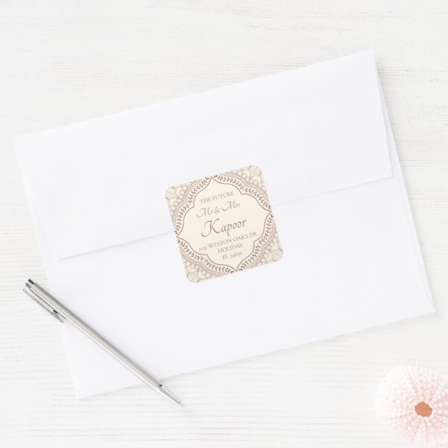 Traditional Beige Mehndi Hindu Wedding Address Square Sticker (Envelope)