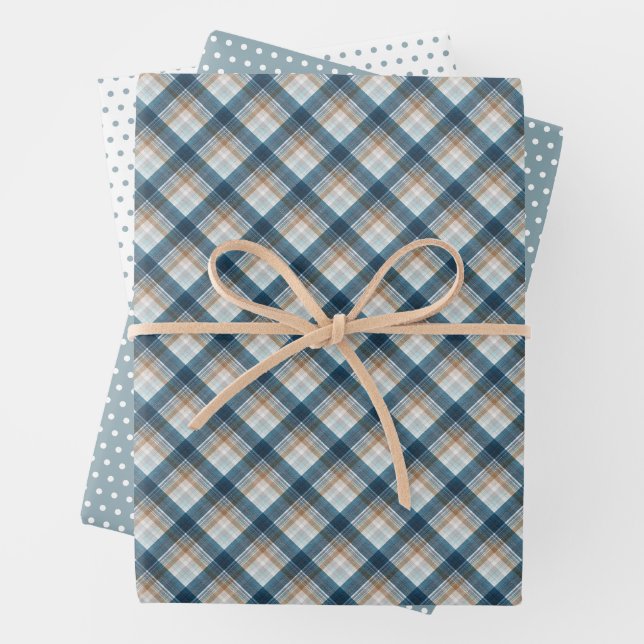 Traditional Beige Tan Taupe Brown Teal Blue Tartan Wrapping Paper Sheet (In situ)