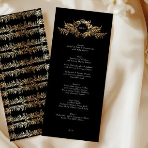 traditional black and gold wreath monogram wedding menu