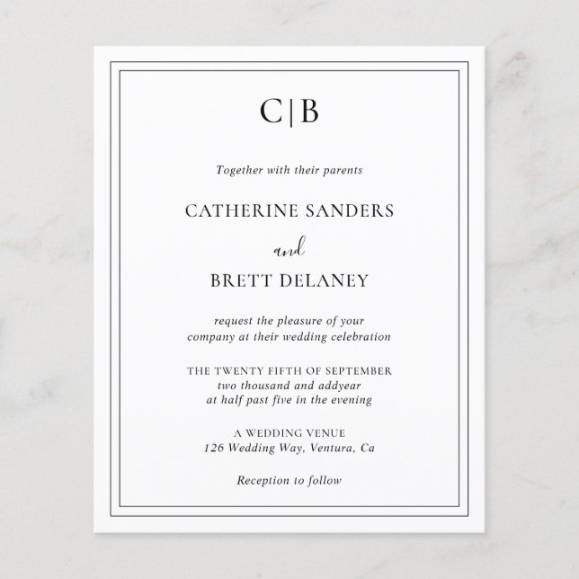 Traditional Black and White Budget Wedding Invite Flyer (Front)