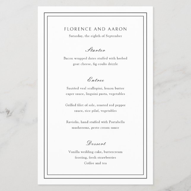 Traditional Black and White Budget Wedding Menu (Front)