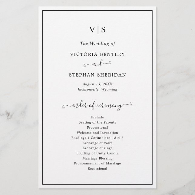 Traditional Black and White Budget Wedding Program Flyer (Front)