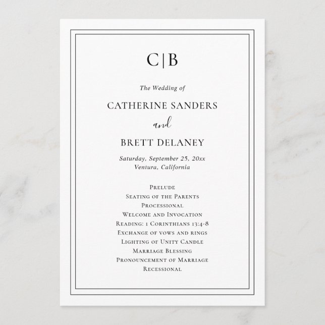 Traditional Black and White Elegant Wedding Program (Front)