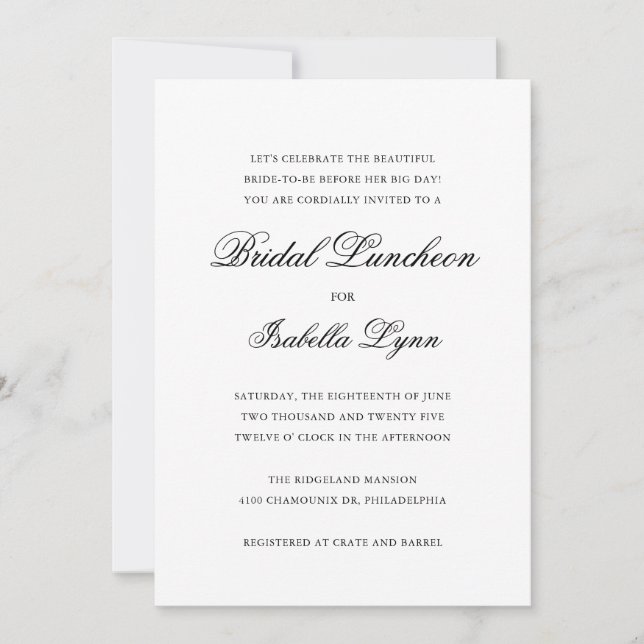 Traditional Black and White Formal Bridal Luncheon Invitation (Front)