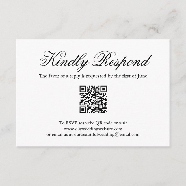 Traditional Black and White Formal QR Code Wedding RSVP Card (Front)