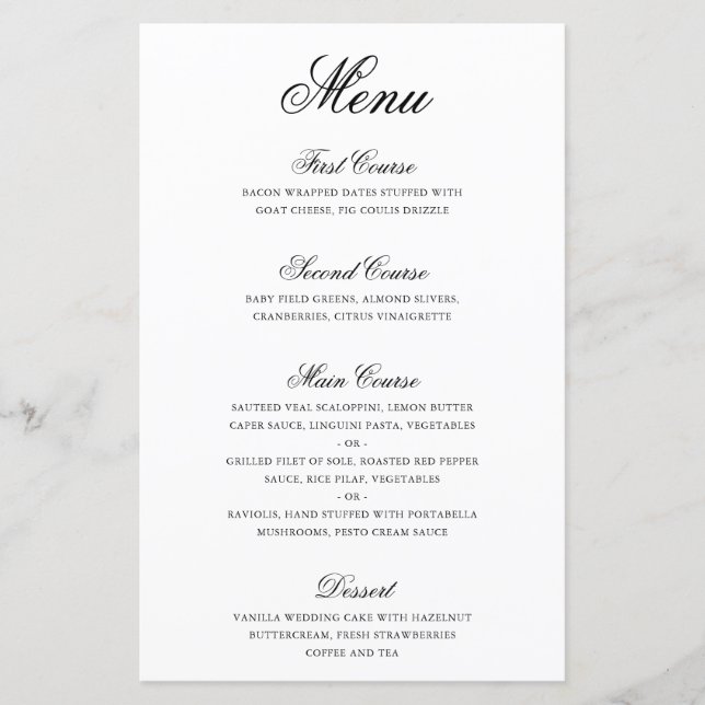 Traditional Black and White Formal Wedding Menu (Front)