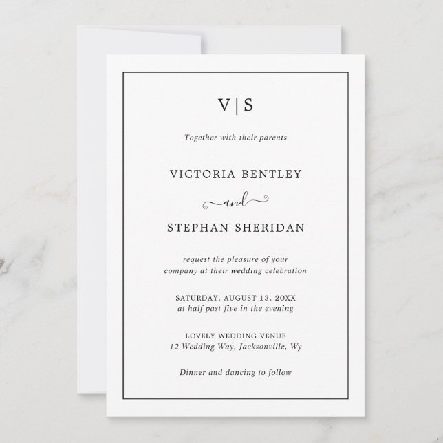 Traditional Black and White Monogram Wedding Invitation (Front)