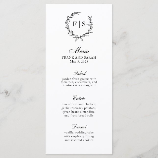 Traditional Black and White Monogram Wreath Menu (Front)